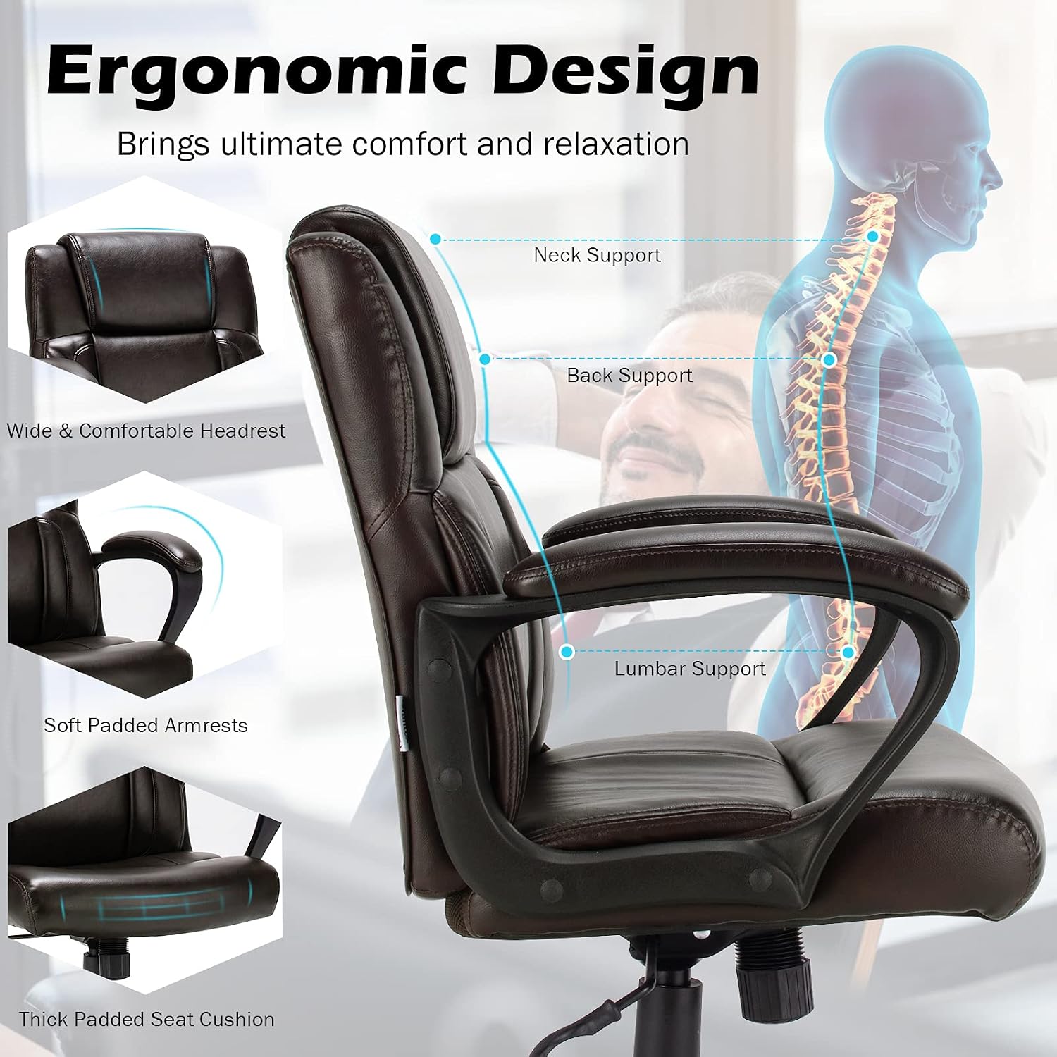 Task Chair Mid Back - Cadeira de escritório executiva em couro,
